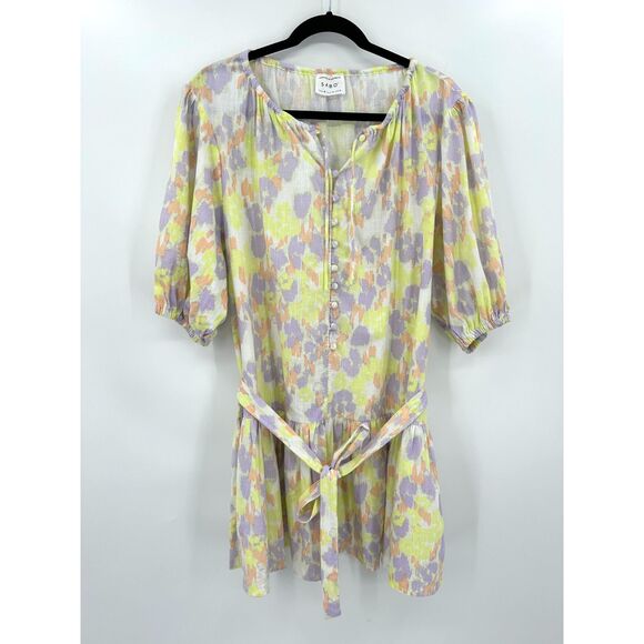 SABO Yellow Purple Orange Oversized Puff Sleeve Peplum Waist Tie Mini Dress 6 - Picture 5 of 11